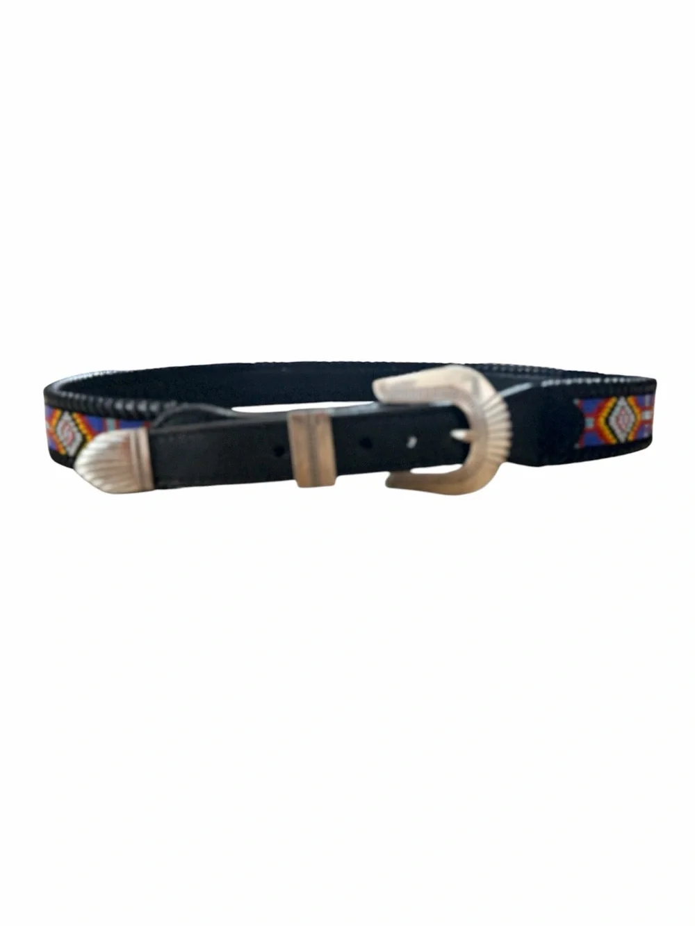 Vintage Leather Belt with Native American Beadwork Design 38 length